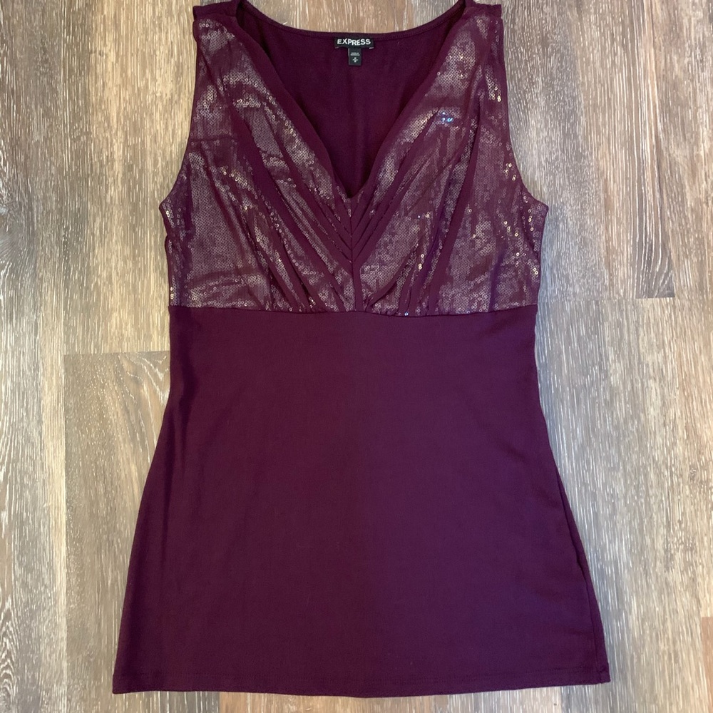 Express wine colored V-neck sequined top.